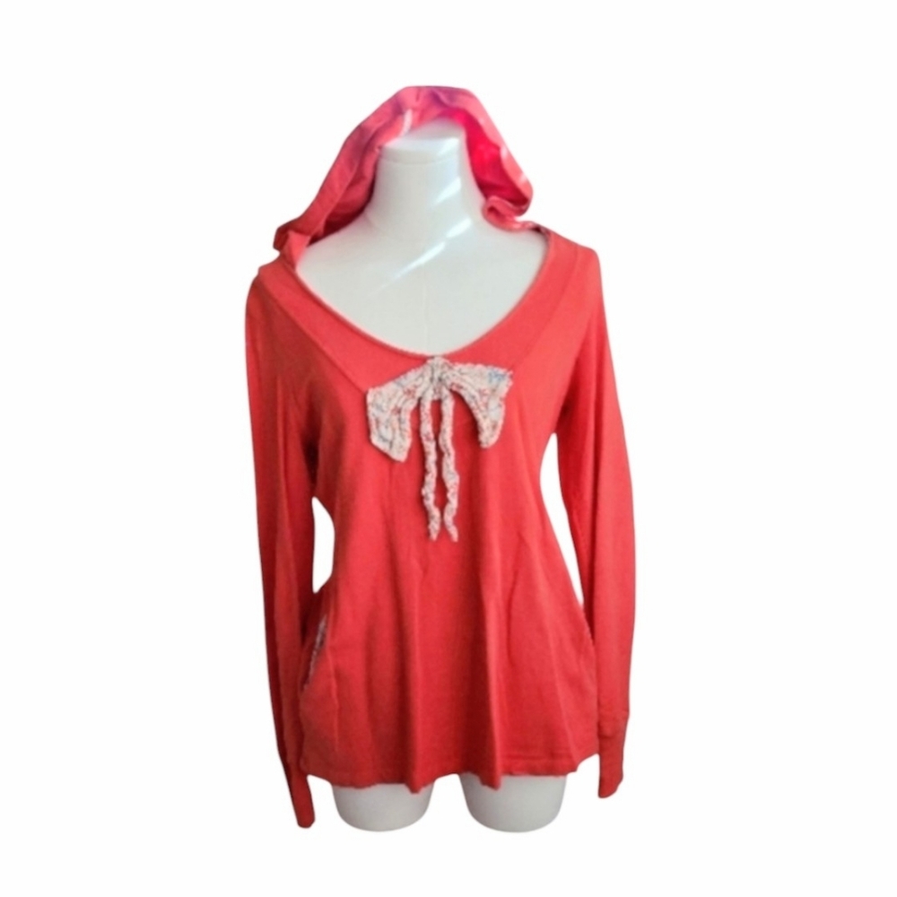 Anthropologie Cottagecore Red Hooded Sweater Bow And Pockets Size Small